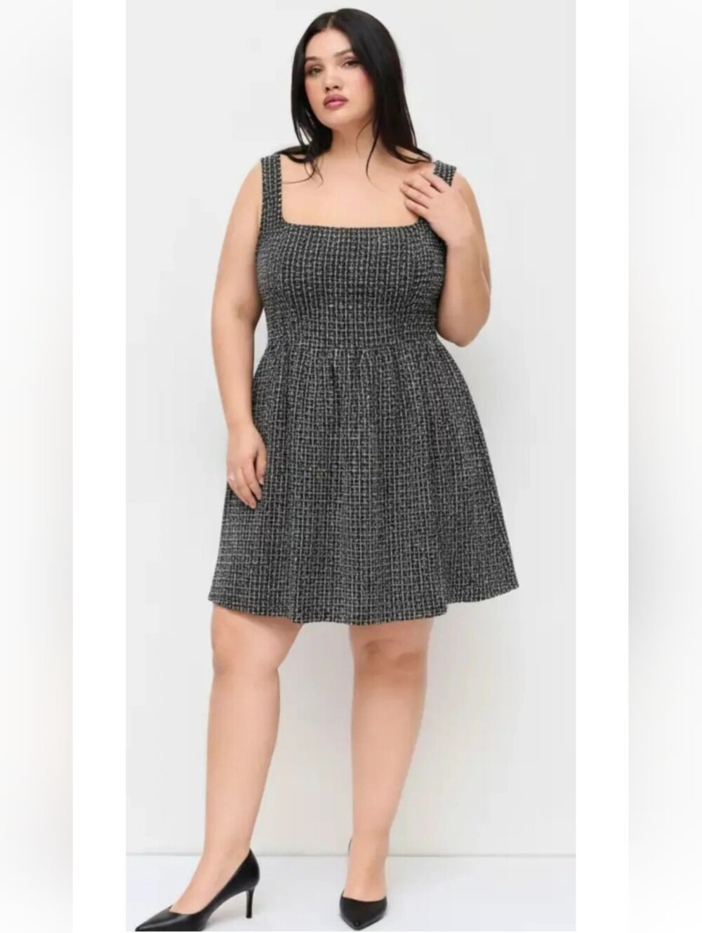 Cider Square-Neck Tweed Mini Dress in Black and White Sixe OXL New